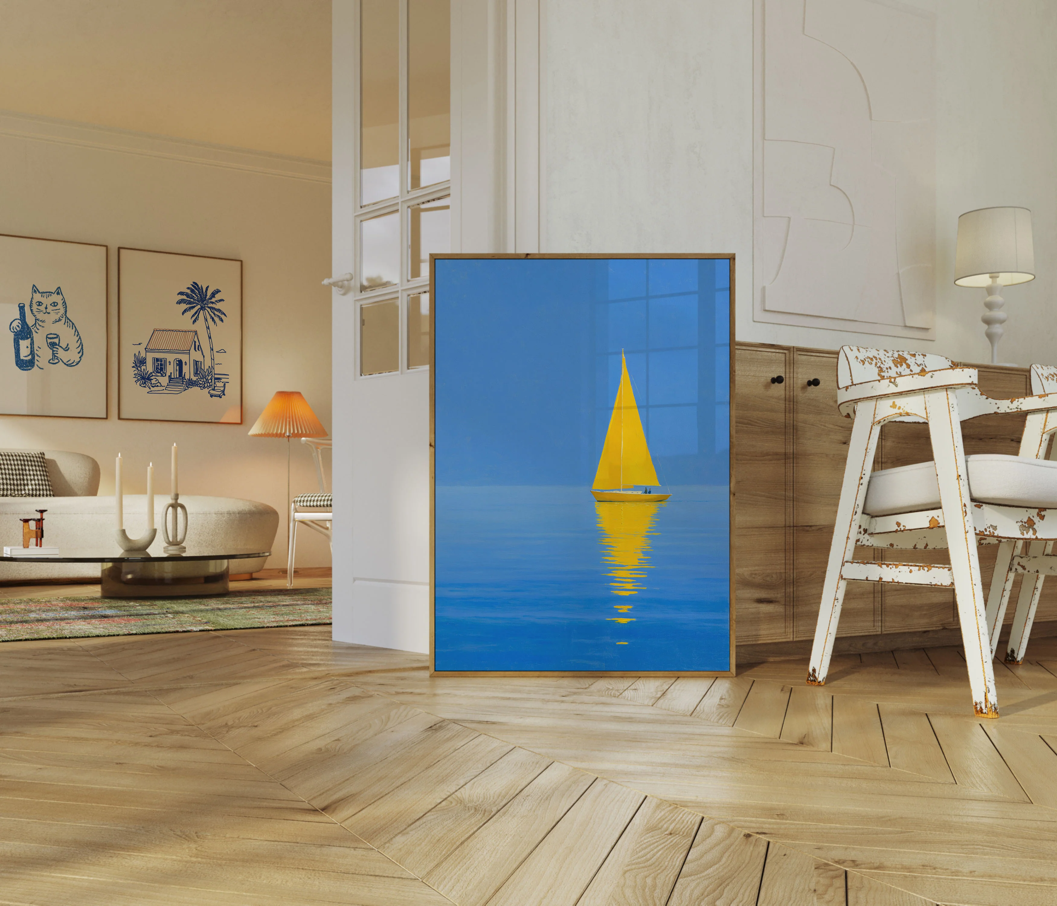 Yellow Sailboat on Blue Ocean Poster - Image 5