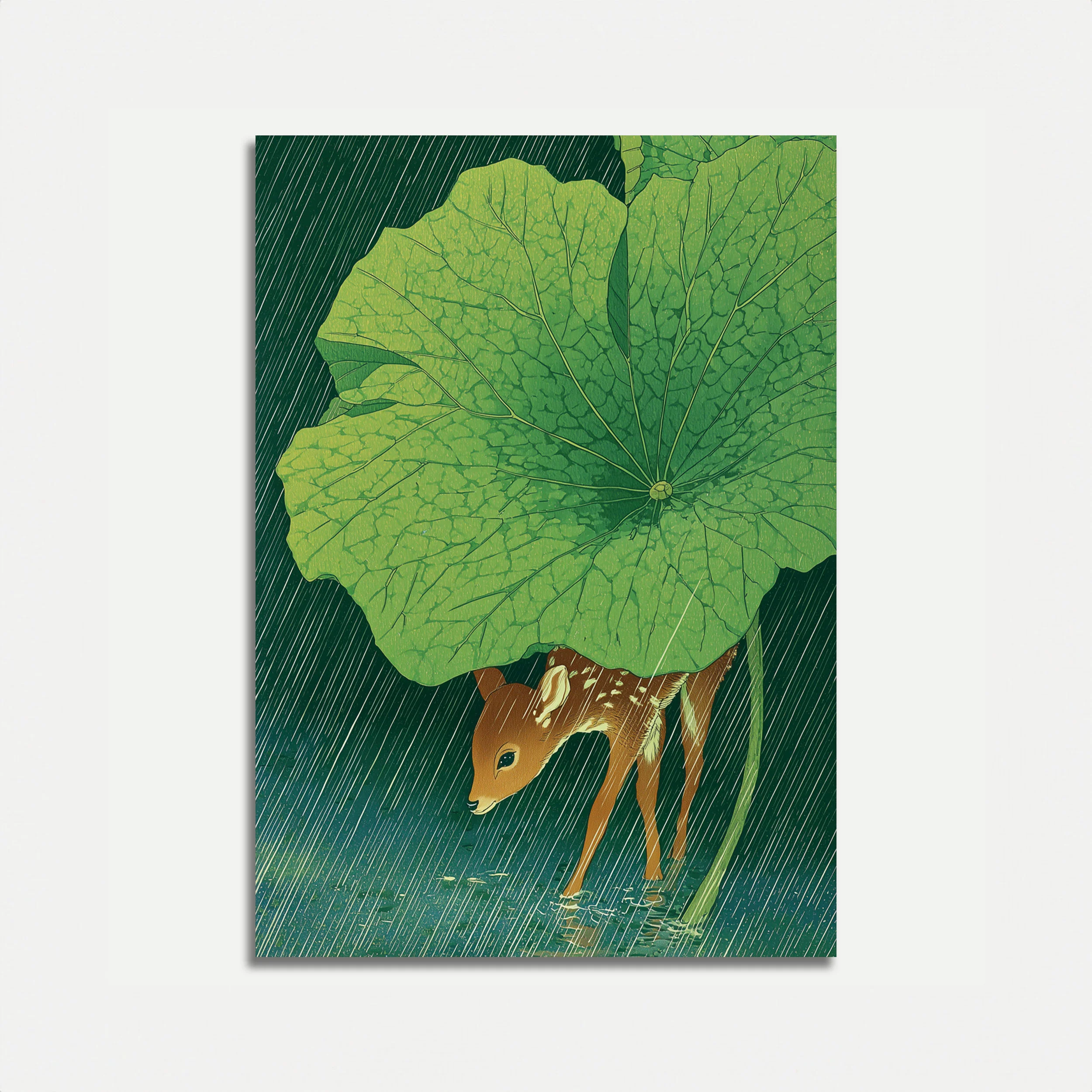 Young Deer Under Giant Leaf Poster