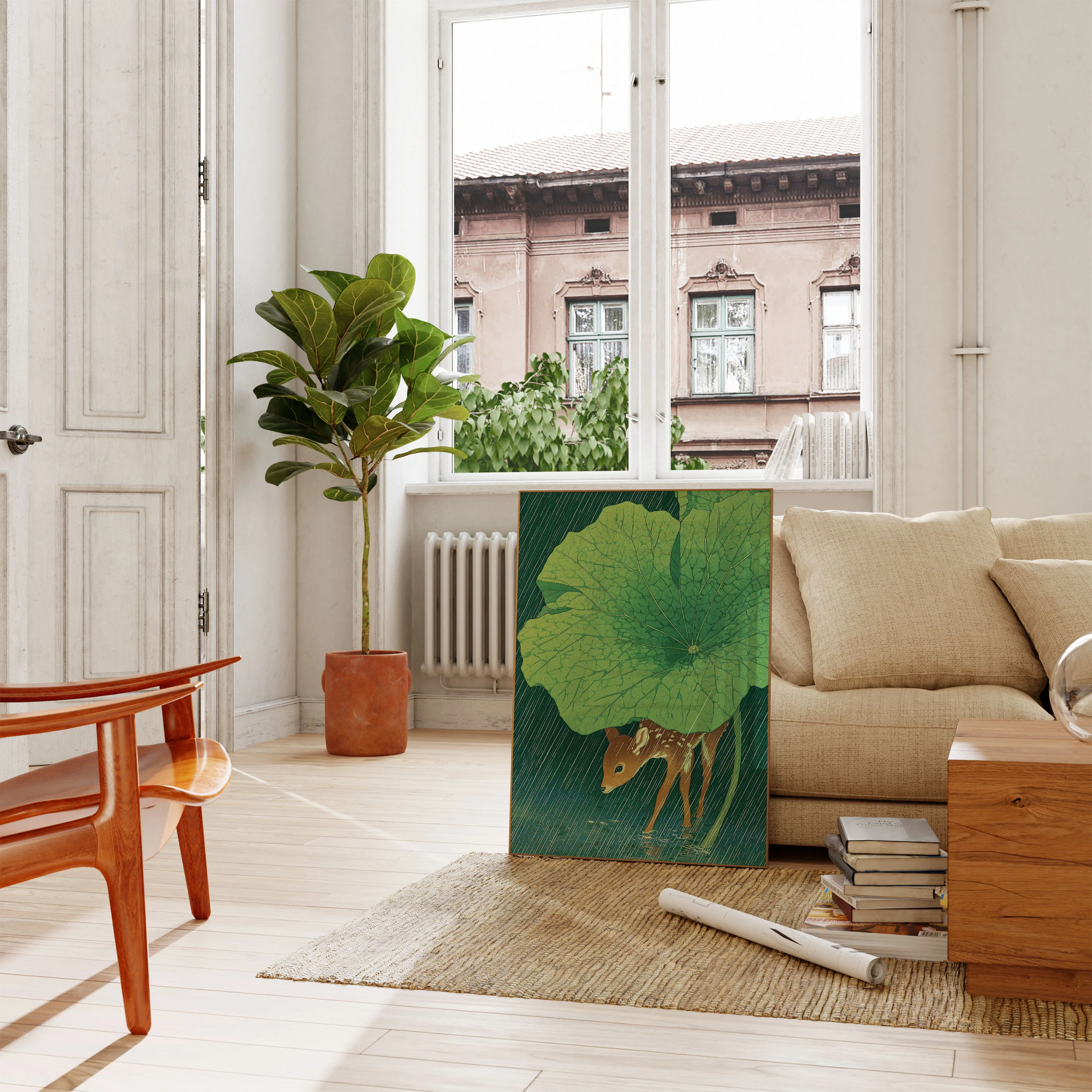 Young Deer Under Giant Leaf Poster - Image 2