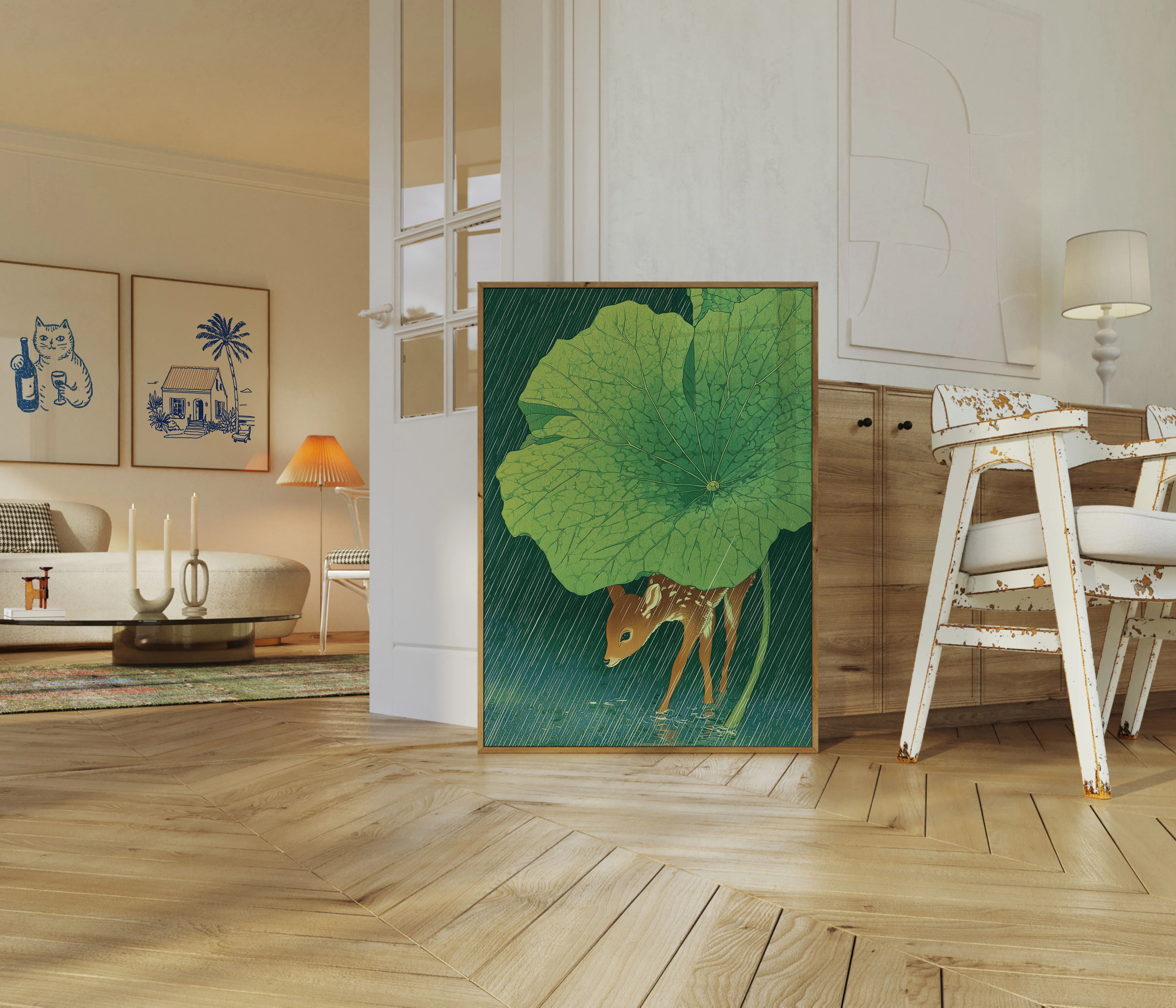 Young Deer Under Giant Leaf Poster - Image 5